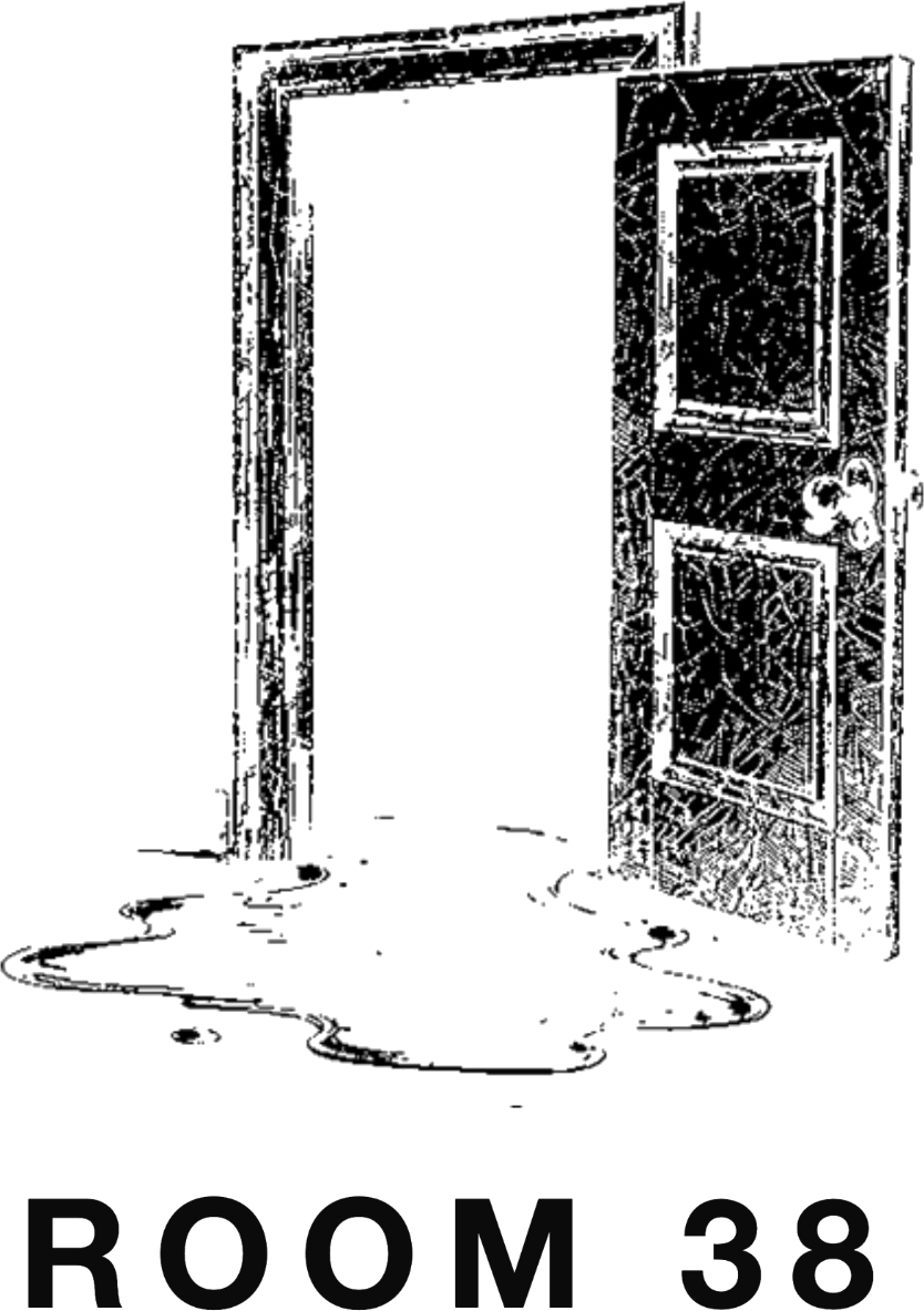 Room 38 lockup: an open door with oil pooling at the threshold, beneath the wordmark ROOM 38